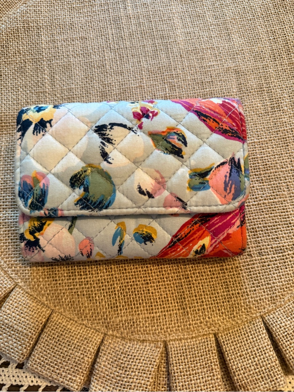 Vera Bradley Quilted Floral Fold Wallet in Light Blue, Pink & Orange